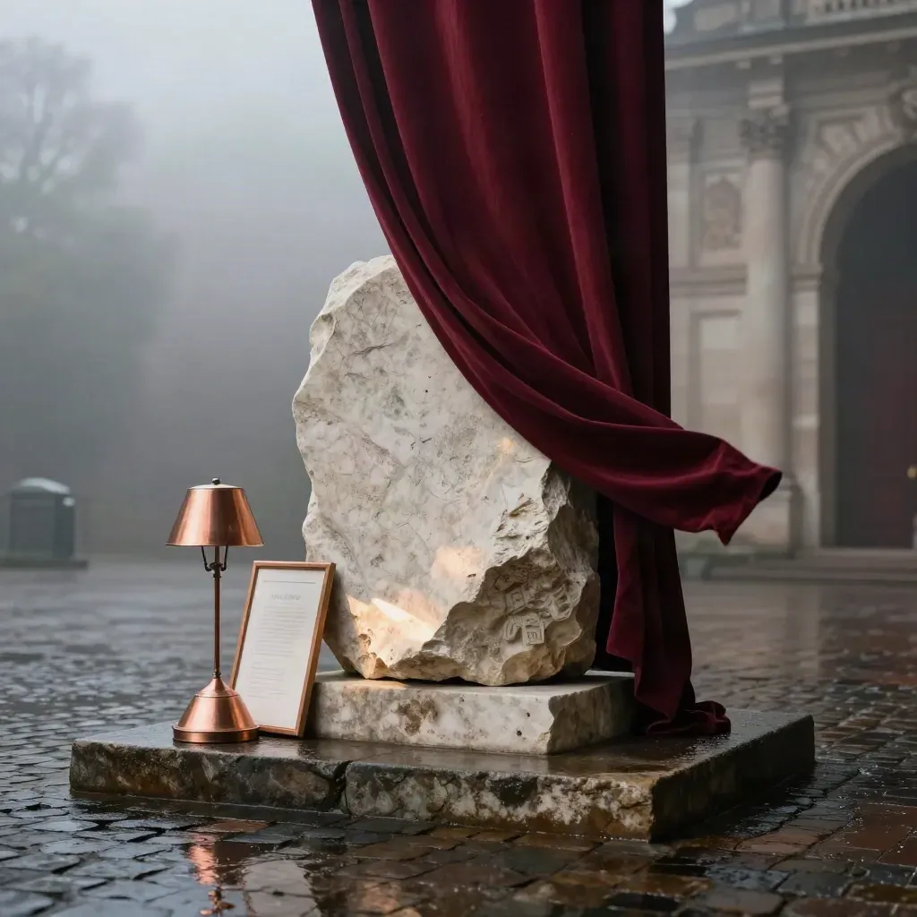 Stenen museummonument met bordeaux theaterdoek, koperen lamp en erfgoedsteen in nat ochtendlicht