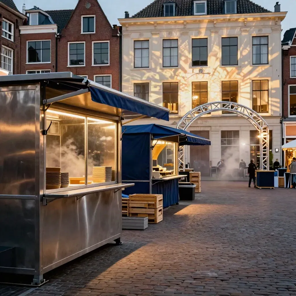 Festivalplein met foodkiosken, lichtprojecties op gevel en een half opgebouwde festivalboog in avondlicht.