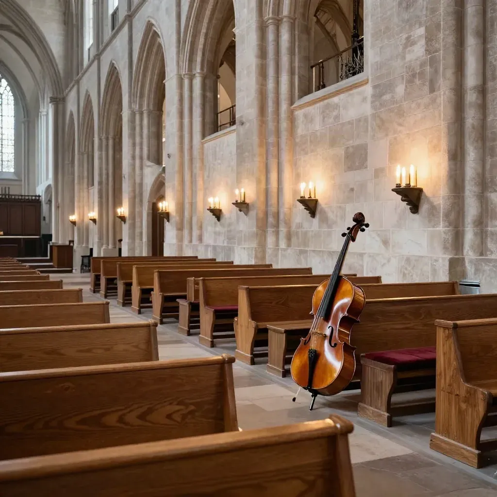 Kerkschip als concertzaal met cello, houten banken en warme kaarsnis.