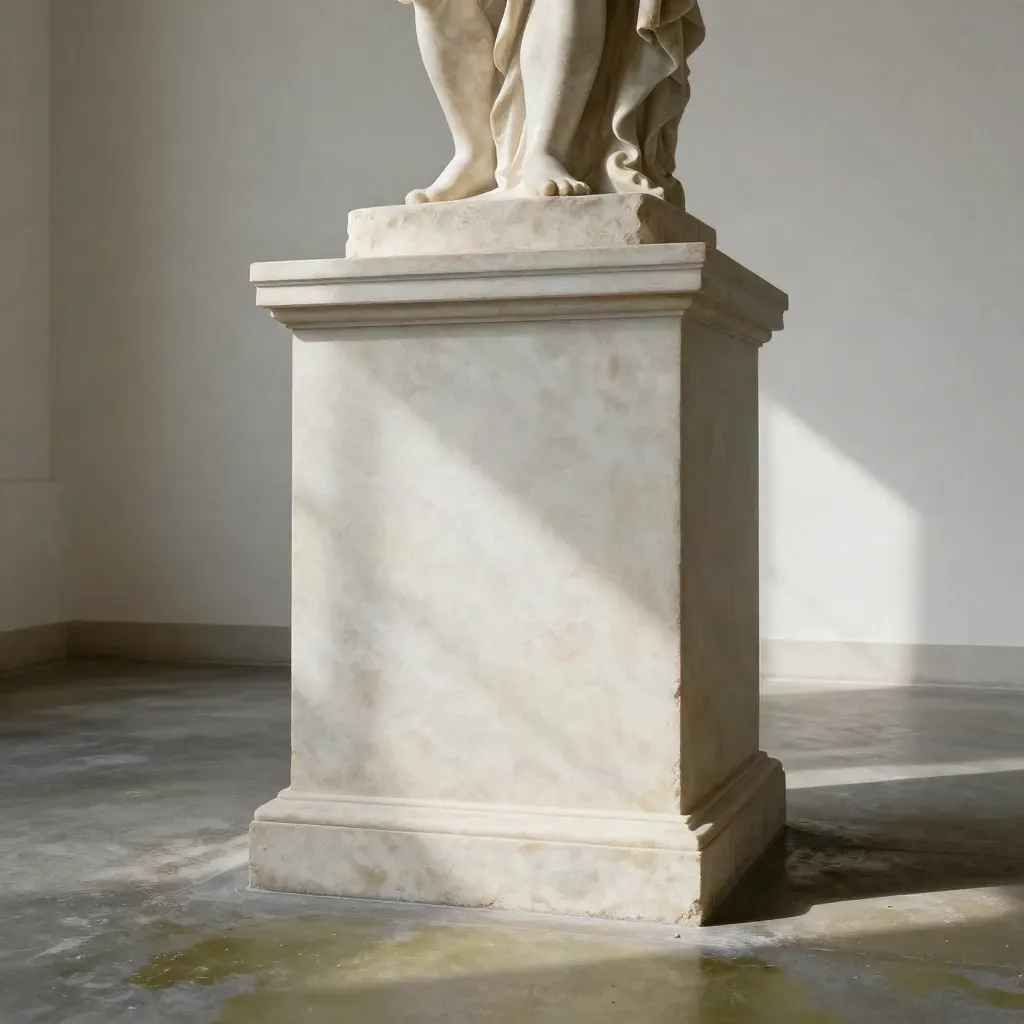 Laag gefotografeerde museumsculptuur in een lichte loods, met scherpe slagschaduw en zwevend stof.