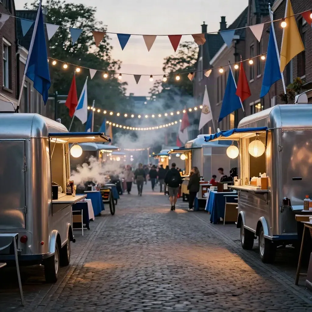Festivalstraat met foodtrucks, lampjes en vlaggen in de schemer, gezien langs kasseien.