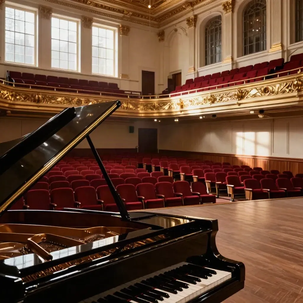 Stille concertzaal in Den Haag met vleugel, hoge ramen en rode stoelen in warm licht.