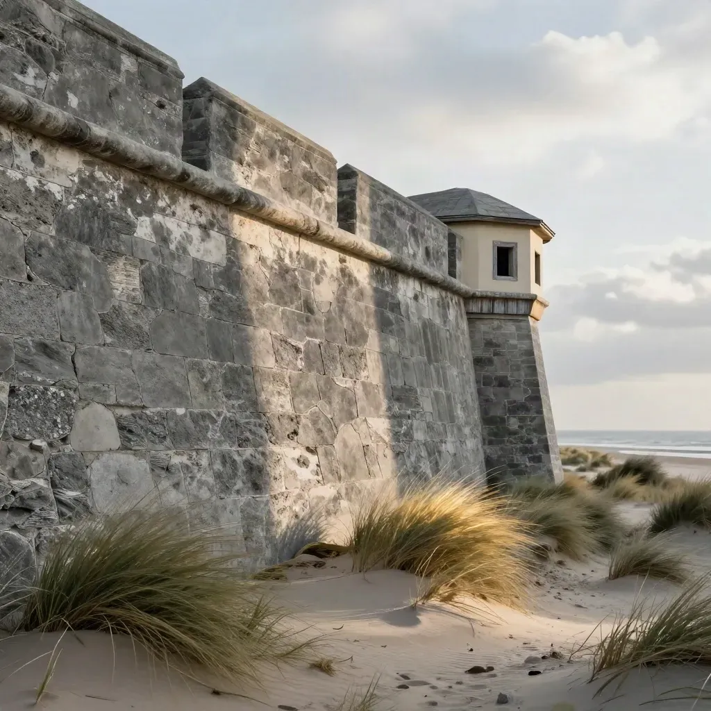 Close-up van een kustfortmuur met museumuitbouw, gras en zonlicht boven zee.