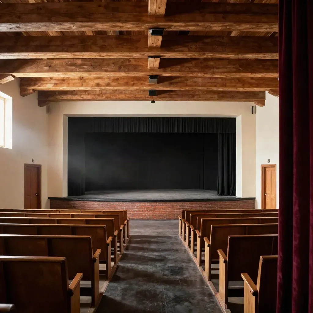 Leeg poppodium in Groningen met houten balken, donker podium en rode bakstenen zijpad