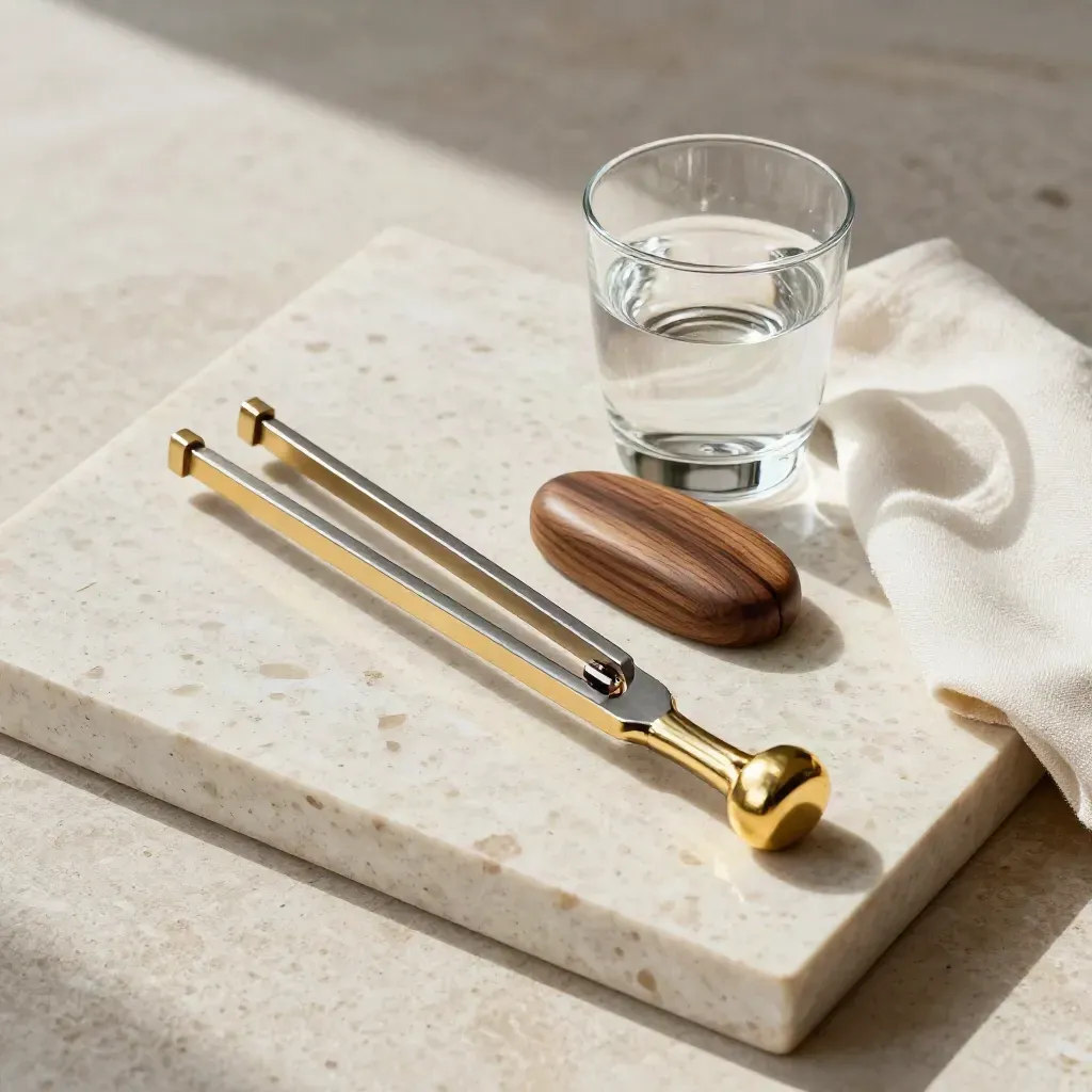 Stemapfork, notenhouten resonator en waterglas op travertijn met linnen doek.
